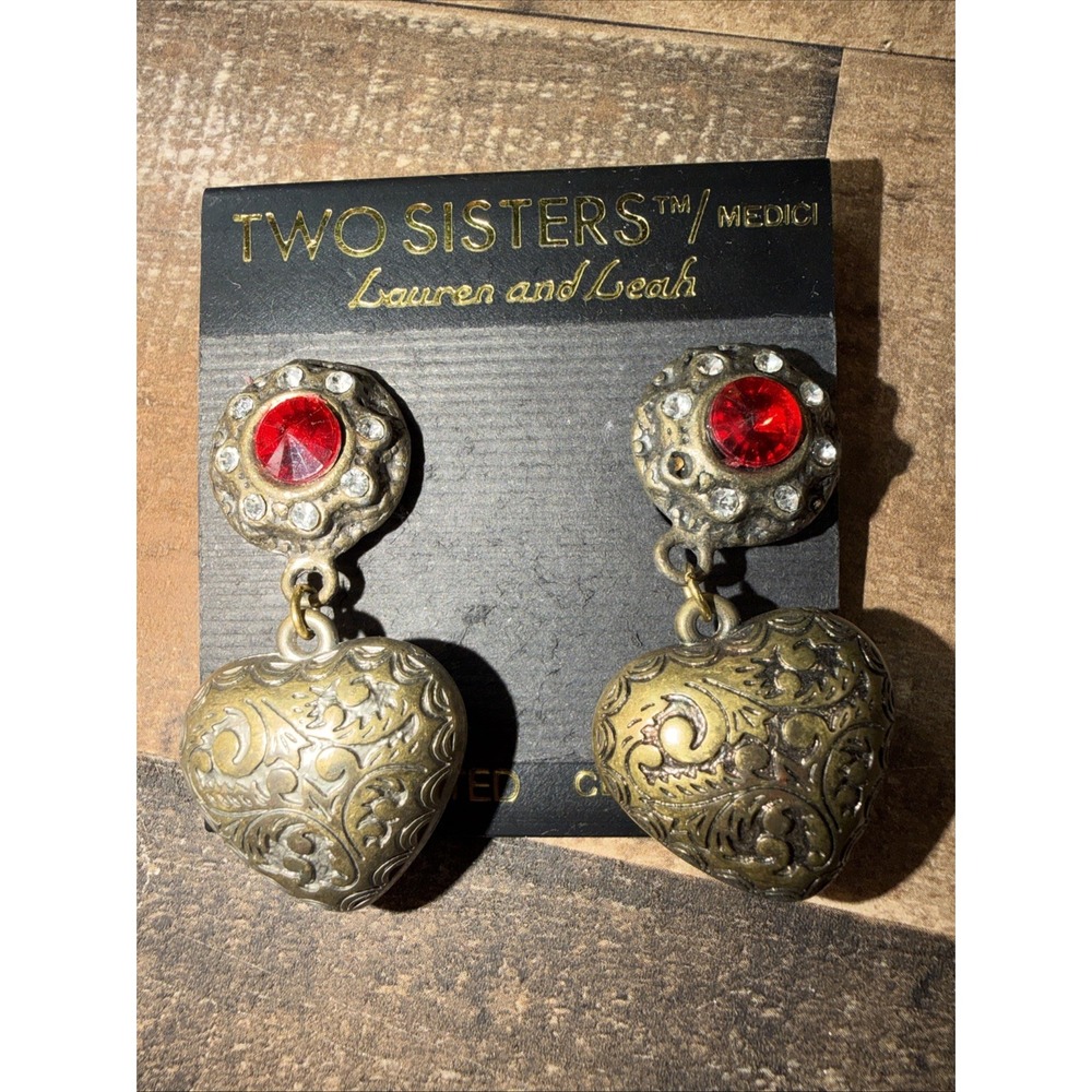 Vintage Two Sisters Medici Lauren Leah Heart Dangle Clip On Earrings Red *Read*